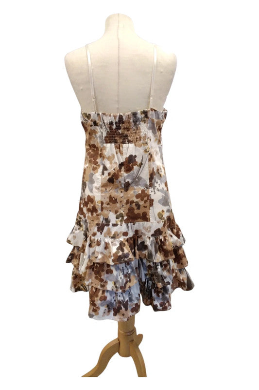LaFaba Dress brown floral print halter top with ruffles Sz 14 571CDC
