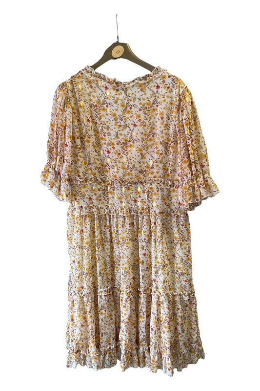 Blue Vanilla Yellow floral print midi dress with ruffle details Sz 14 9187CBO