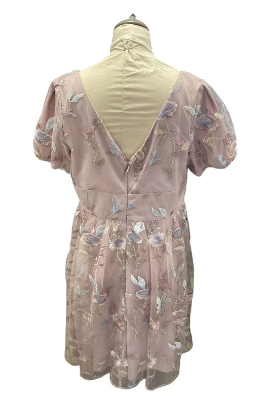 9183CBO Chi Chi Pink floral formal dress with V-neckline and short puff sleeves