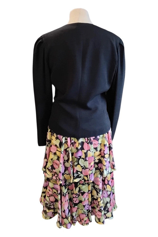 Simon Ellis Vintage 3pc jacket, skirt and scarf black and prin Size 12 9677CMCB