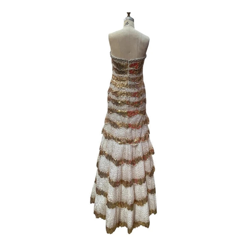 Tony Bowls Scalloped Gold & Cream Gown Sz 8 6528 Sz 8
