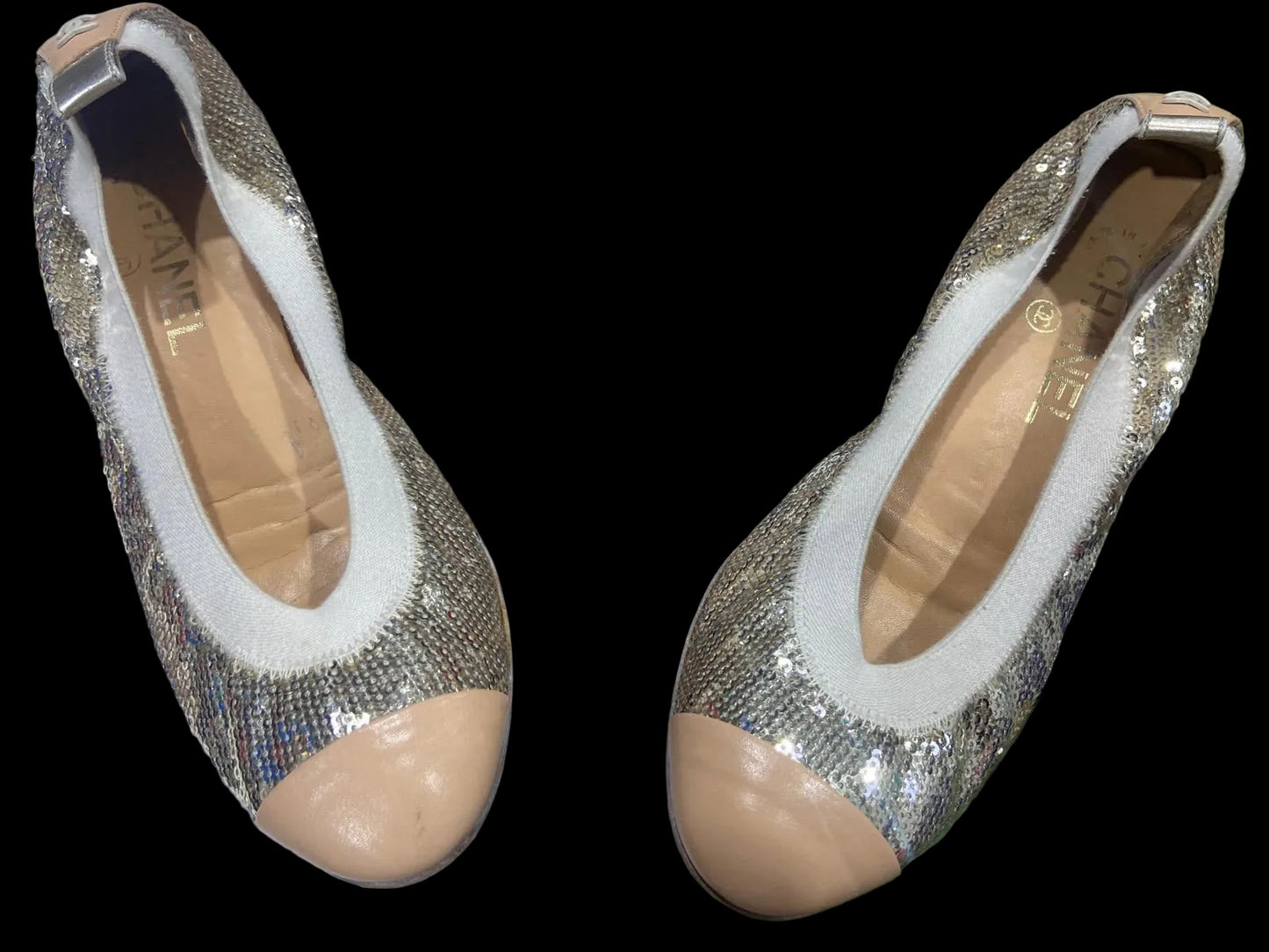 Authentic Chanel Ballet Flats Size 37-Preloved| Beige Cap Toe Sequin | Dust Bag | Saks