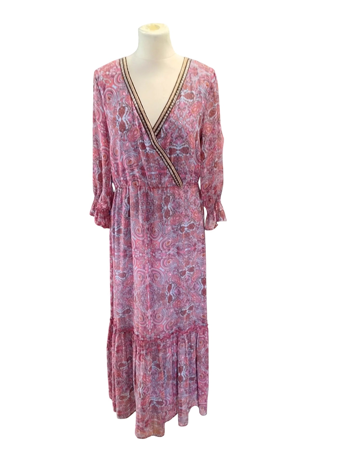 Circular Dress Collaborative pink and purple paisley print maxi dress with V-neck, embellished trim, blouson sleeves, and tiered hem.
