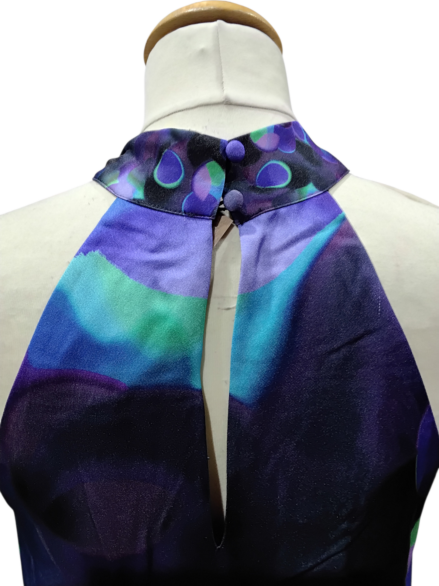 2676SW Abstract Print Halter Neck Dress with Ruffle Hem Blue Purple