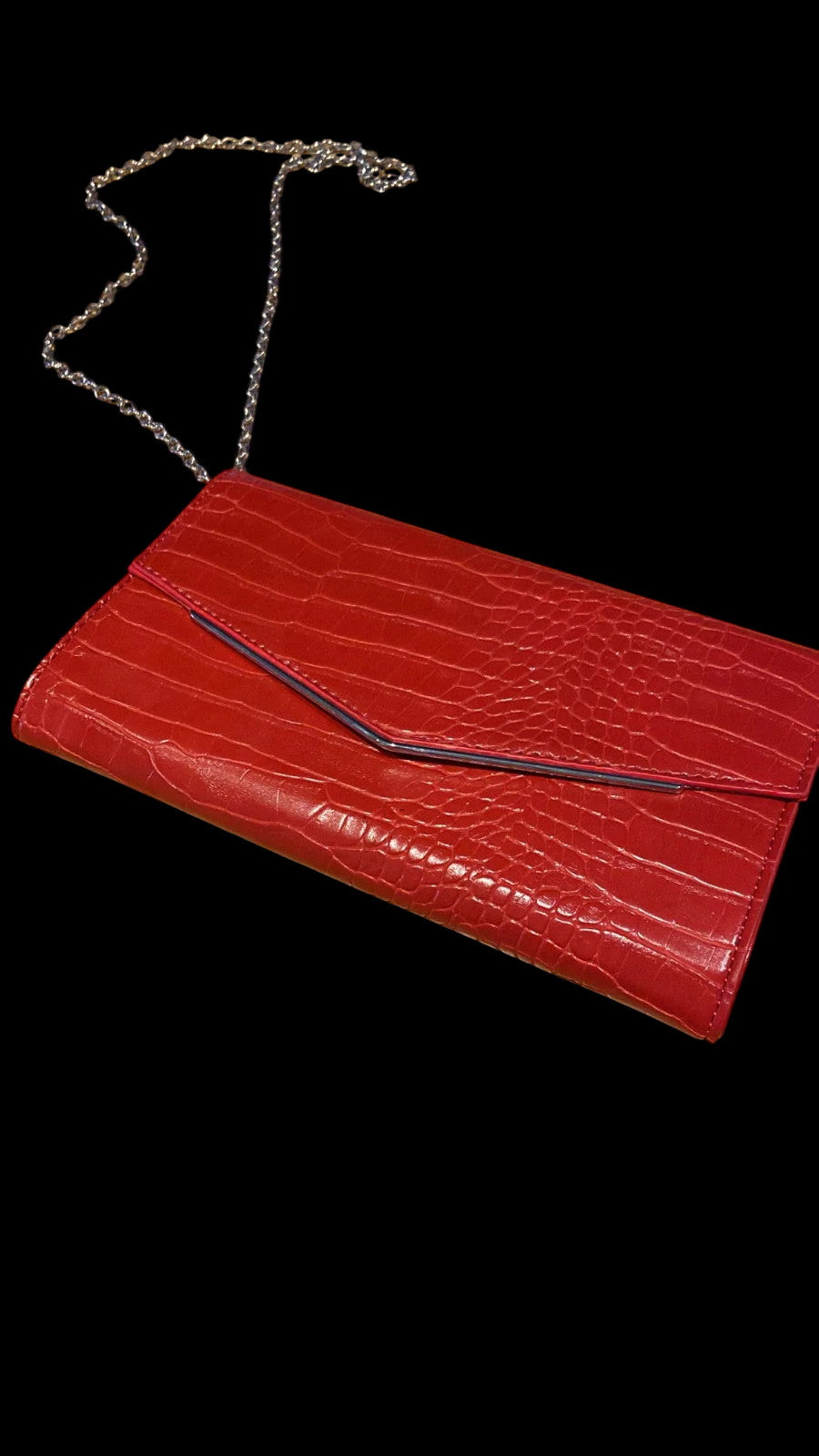 8028 New Look Red Faux Croc Clutch Bag w/ Chain Strap | Evening Shoulder Bag