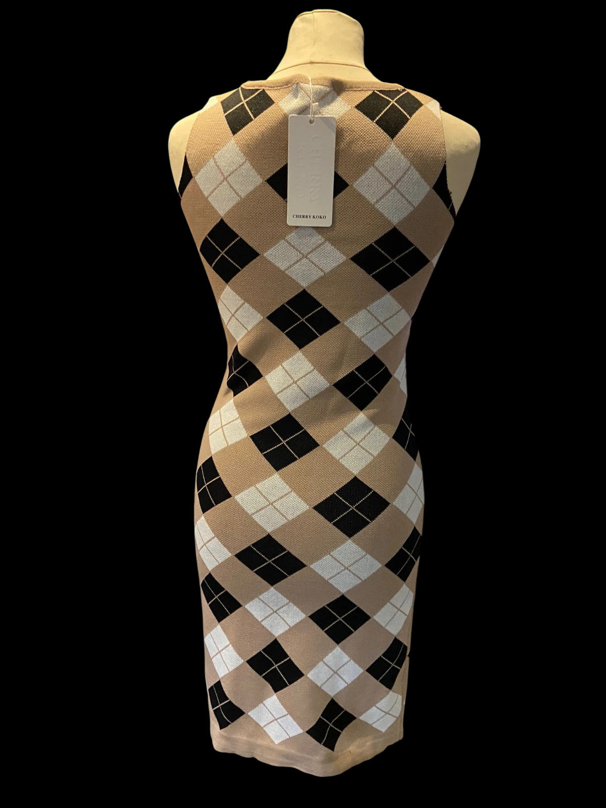7261 Cherry Koko Y2K Argyle Jersey Dress Women’s Size M/L – Preppy Sleeveless Knit Bodycon