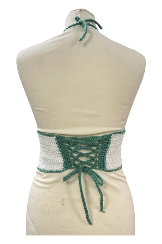 8399 Hand made green and cream crochet halter top