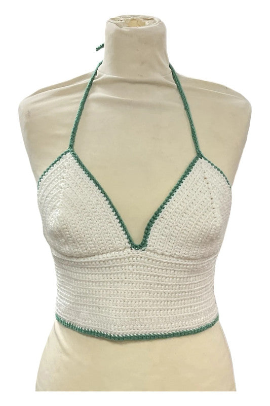 8399 Hand made green and cream crochet halter top