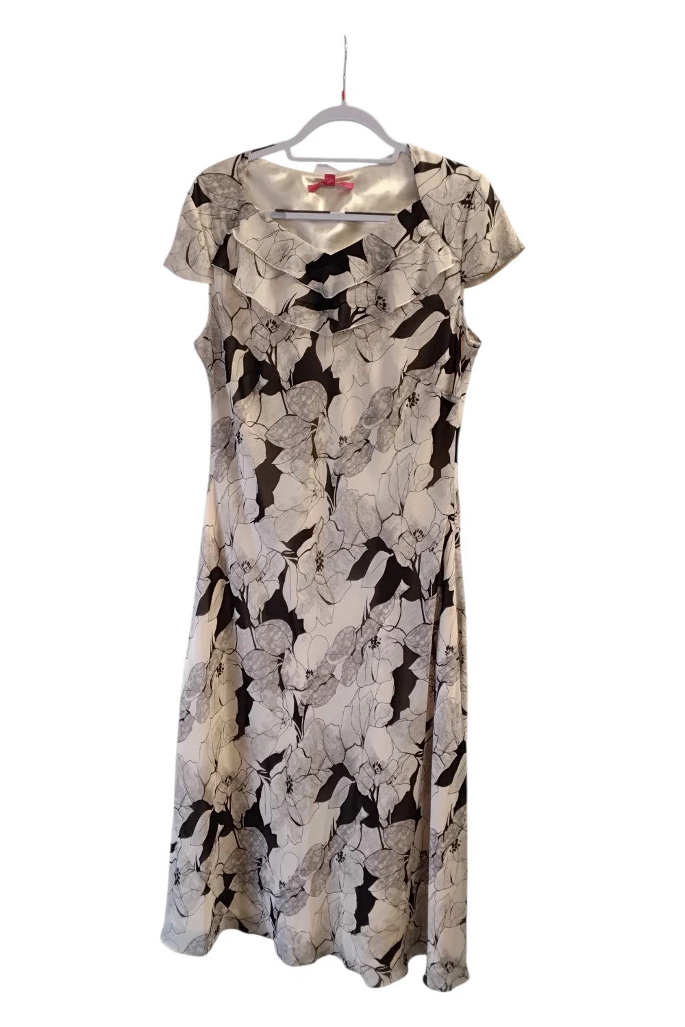 8961 Jacques Vert Brown and cream floral midi dress with ruffle neckline