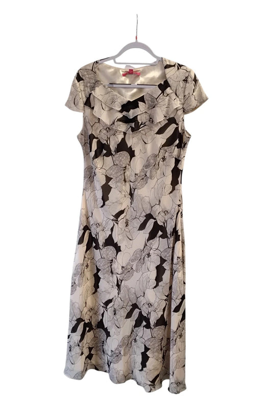 8961 Jacques Vert Brown and cream floral midi dress with ruffle neckline size-16