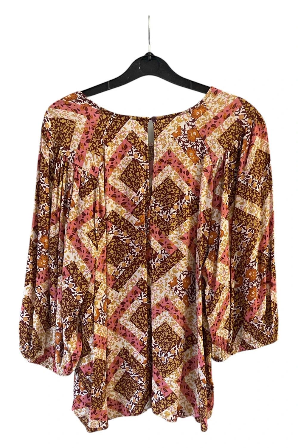 8837 Next brown and multicolor print blouse with bell sleeves