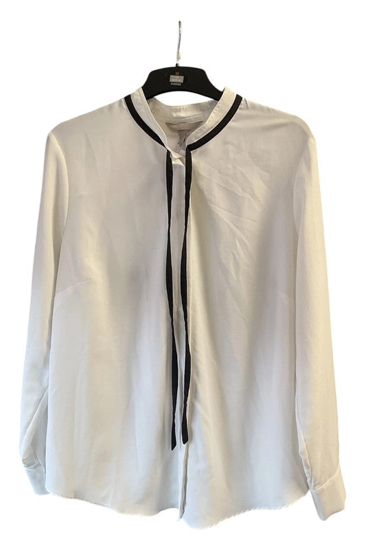 H&M White long sleeve blouse with black trim and tie detail size 18 8838MG