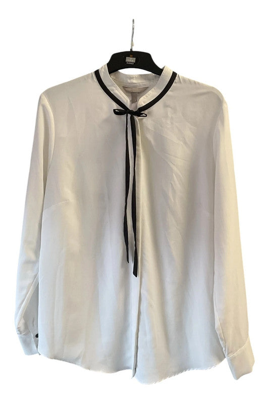 H&M White long sleeve blouse with black trim and tie detail size 18 8838MG