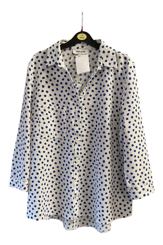 Gerard blue and white polka dot button up blouse Sz 16 8827MG