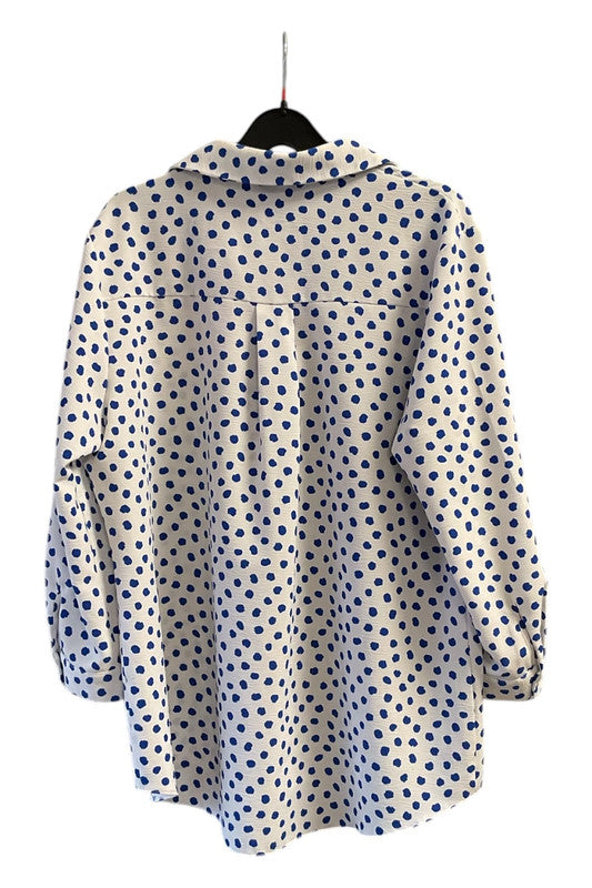 8827 Gerard blue and white polka dot button up blouse