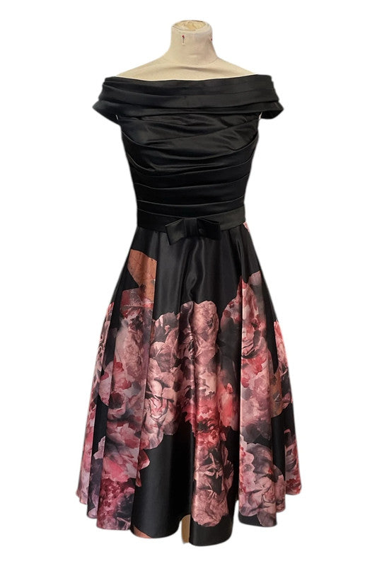 Veromia Dress Black and pink floral off-the-shoulder Sz 8 8974MK