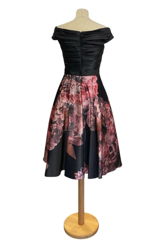 Veromia Dress Black and pink floral off-the-shoulder Sz 8 8974MK