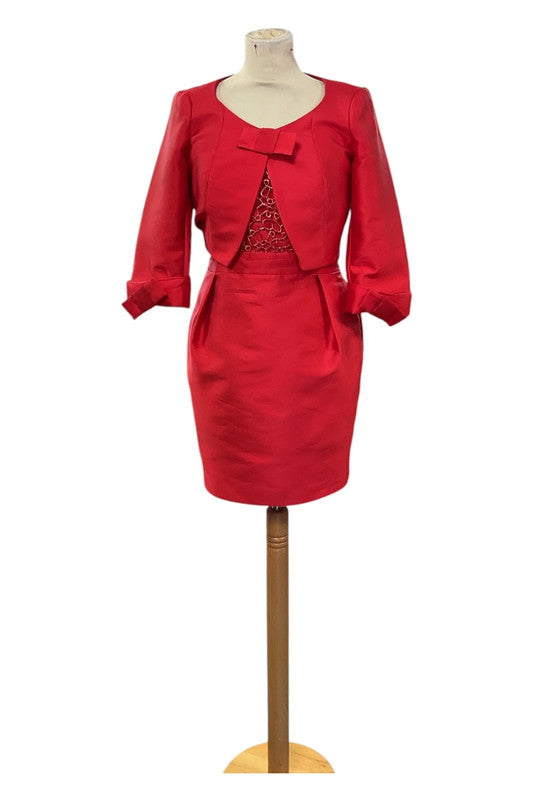 8973 Carla Ruiz Red jacket and dress with lace top and bow detail