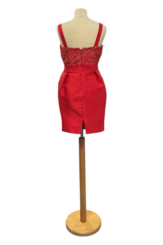8973 Carla Ruiz Red jacket and dress with lace top and bow detail