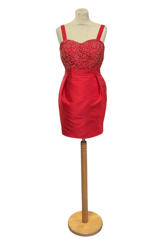 8973 Carla Ruiz Red jacket and dress with lace top and bow detail