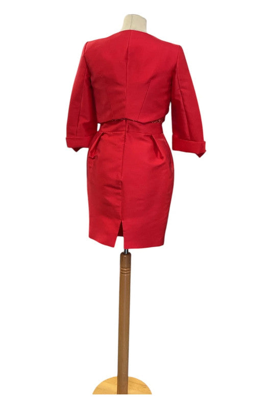 8973 Carla Ruiz Red jacket and dress with lace top and bow detail