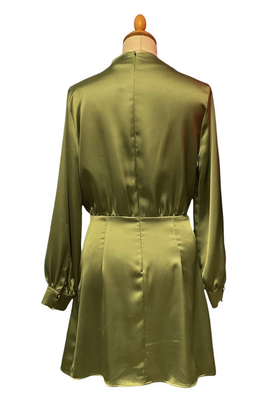 8992 Zara Green mini dress with cowl neckline and long sleeve