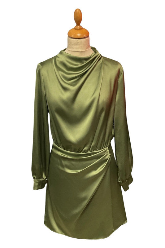 8992 Zara Green mini dress with cowl neckline and long sleeve