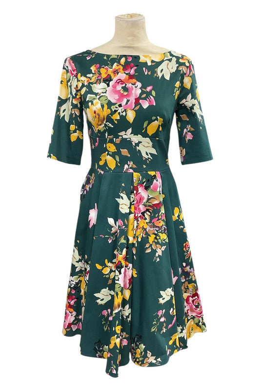 The Pretty Dress Company Dress Green floral print midi with 3/4 sleeves Sz 10 8994NF