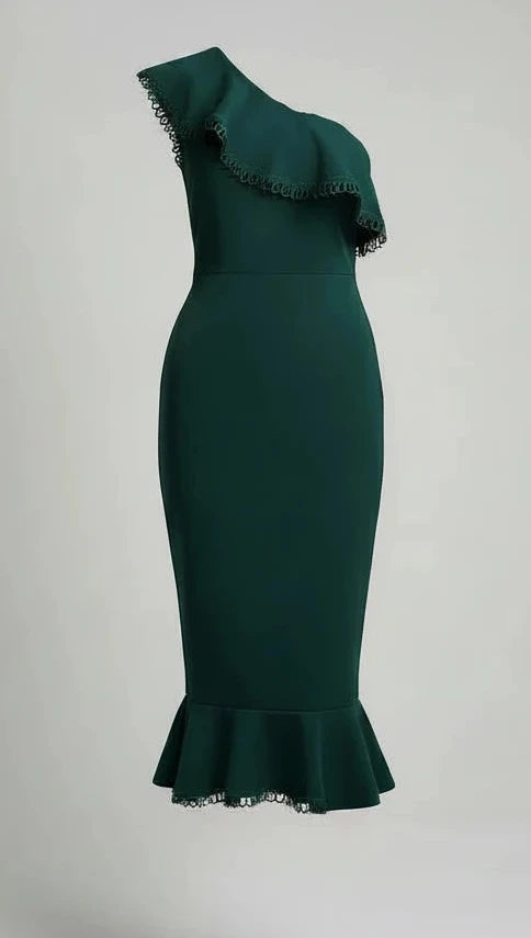 Girl in Mind Ruffled One Shoulder Green Midi Dress: Sz 10