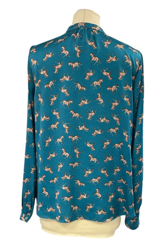 Gallery Teal long sleeve blouse with horse print size 8 8995EH