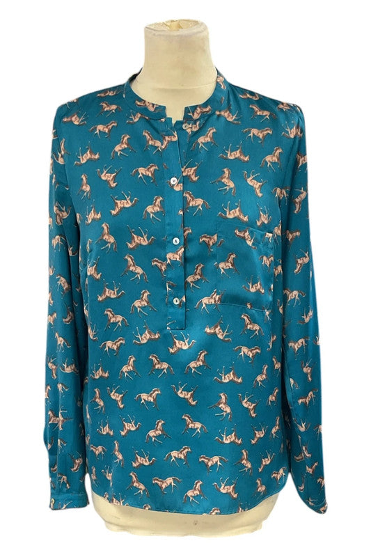 Gallery Teal long sleeve blouse with horse print size 8 8995EH