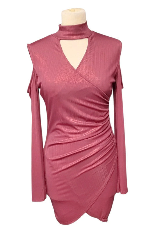 9067JC Prague Red mini dress with cold shoulder cut-outs long sleeves