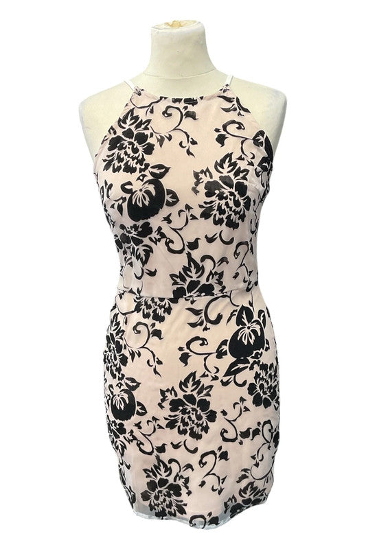 Parisian Black and white floral print bodycon flocked dress Sz 8