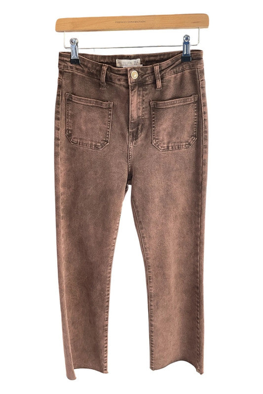 9059GM Polyrose  Brown stretch jeans with square patch pockets on the front