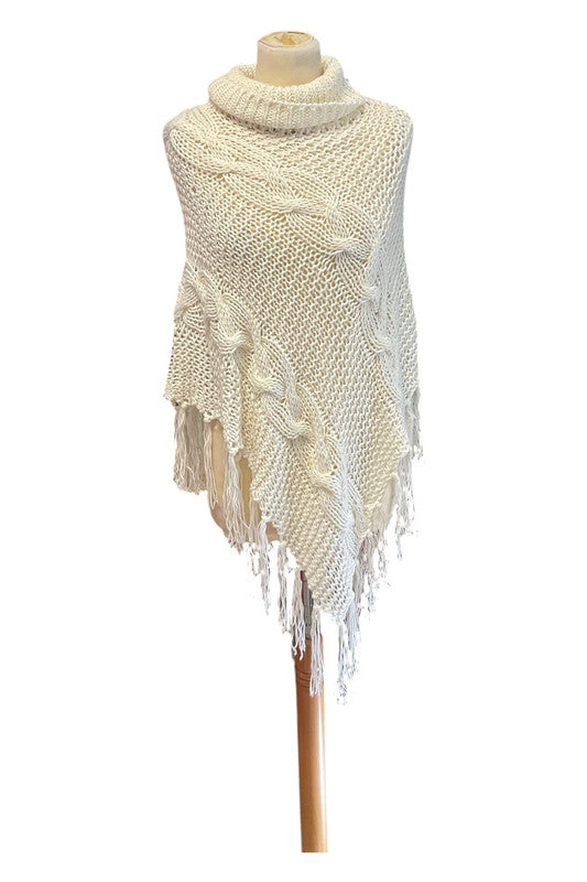 9070JC Logo White crochet asymmetrical cape with fringe