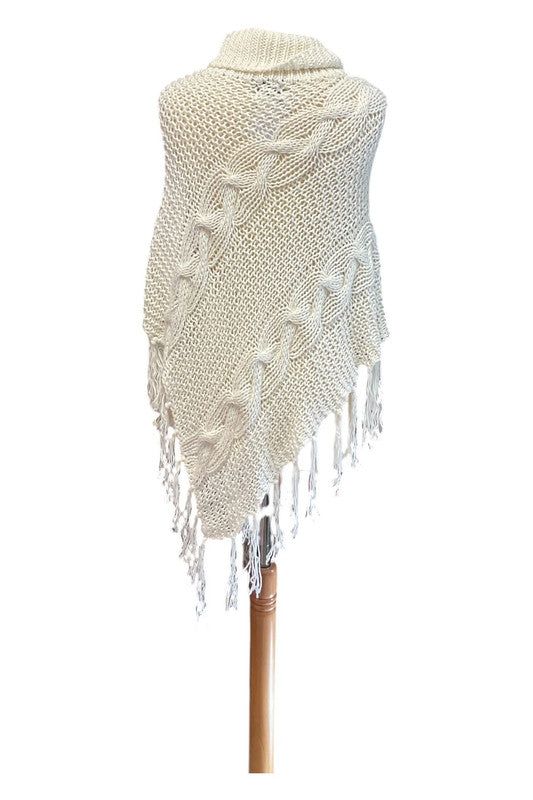 9070JC Logo White crochet asymmetrical cape with fringe