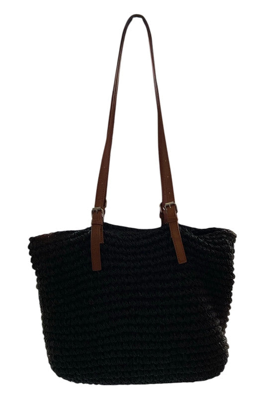 9038MOD Coveri World Black woven straw tote bag with brown straps