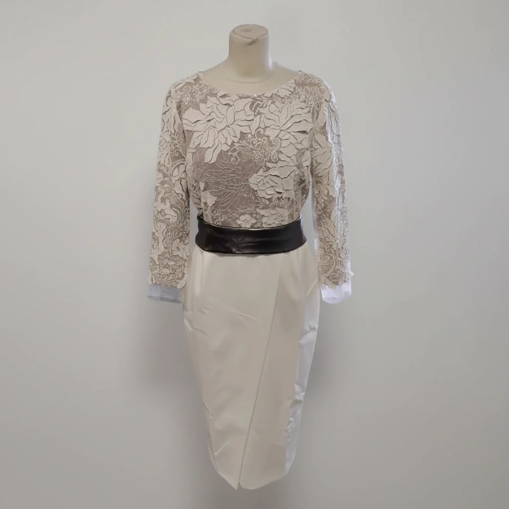 Fee G Dress Cream Lace top with brown satin sash Sz 12 9100NH