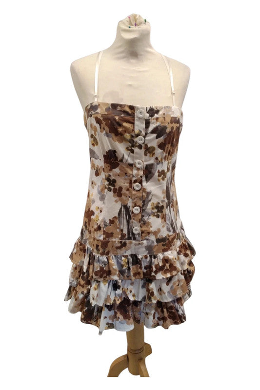 LaFaba Dress brown floral print halter top with ruffles Sz 14 571CDC