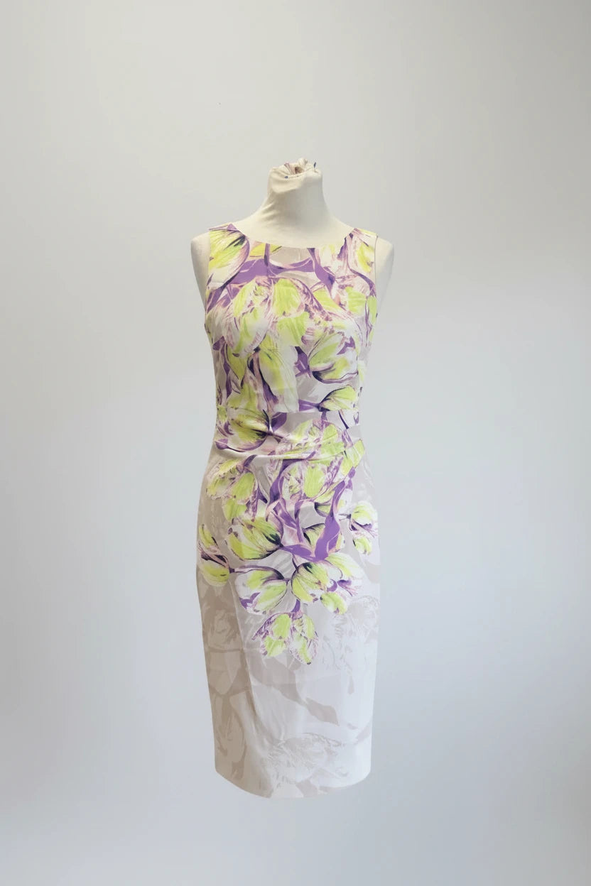 Karen Millen Dress Printed Cream & Lime Sheath Sz 10 9139PMA