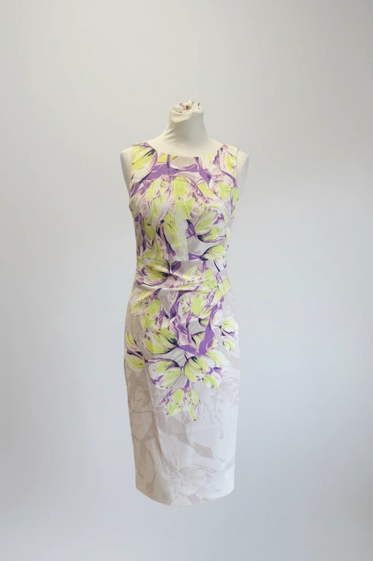 Karen Millen Dress Printed Cream & Lime Sheath Sz 10 9139PMA