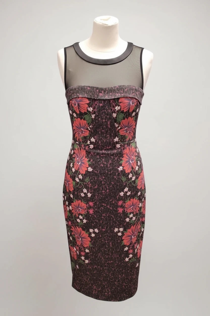 Karen Millen Dress Sleevelss Mesh top printed midi Sz 10 9341PMA