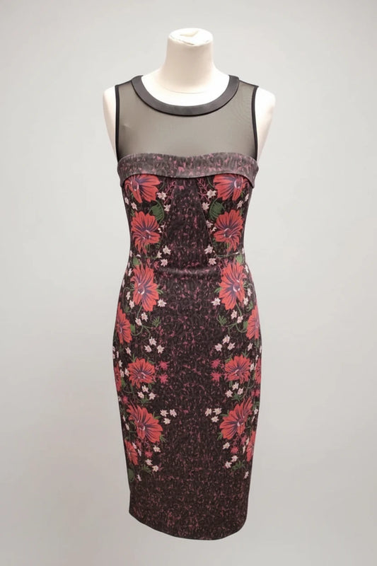 Karen Millen Dress Sleevelss Mesh top printed midi Sz 10 9341PMA