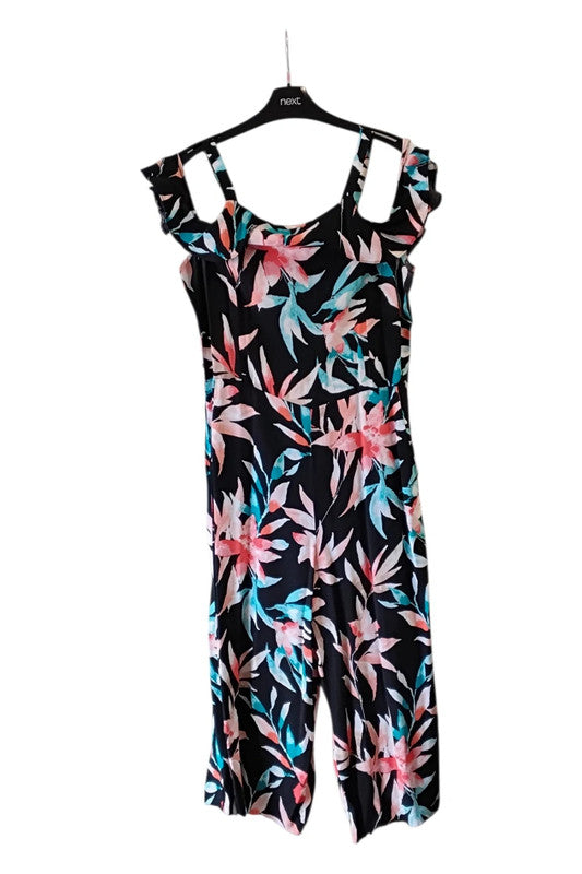 F&F Black floral print cold shoulder summer jumpsuit Sz 12 9178BMH