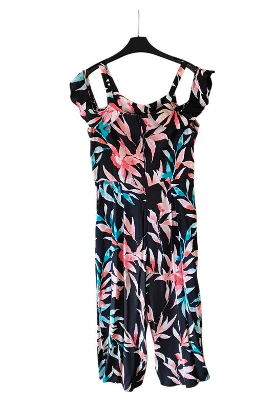F&F Black floral print cold shoulder summer jumpsuit Sz 12 9178BMH