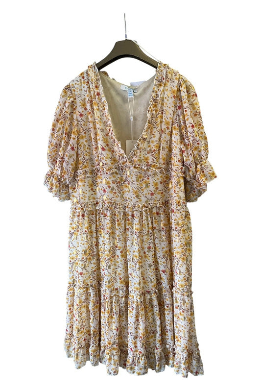 Blue Vanilla Yellow floral print midi dress with ruffle details Sz 14 9187CBO