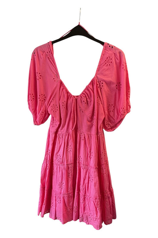 Savida Dress Pink eyelet with short puff sleeves Sz XL 9189CBO