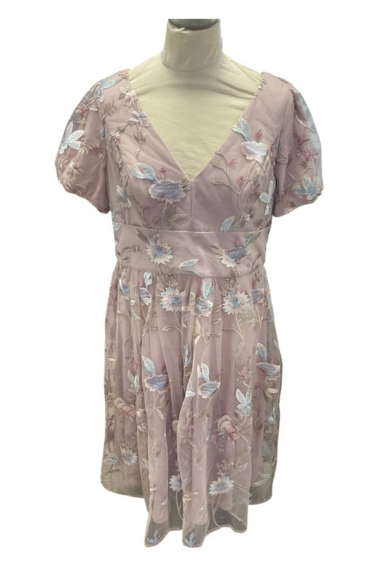 9183CBO Chi Chi Pink floral formal dress with V-neckline and short puff sleeves