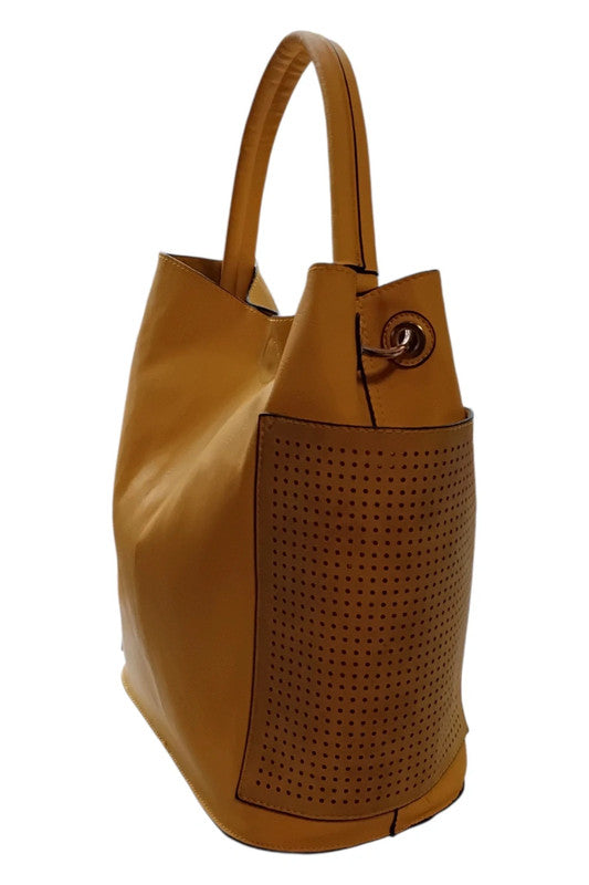 Yellow bucket bag with perforated details