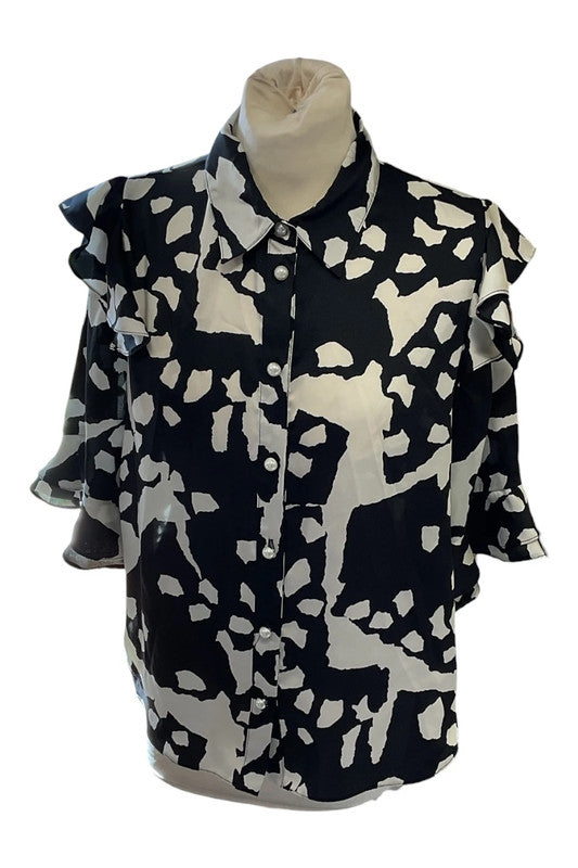 ]River Island Black and white abstract print top with ruffle sleeves Sz 12